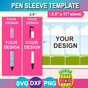 Puede incluir: Una plantilla rosa para funda de bolígrafo con el texto "PEN SLEEVE TEMPLATE" y "YOUR DESIGN". La plantilla incluye un área de diseño de 6,35 cm y una hoja de 21,59 cm x 27,94 cm. El diseño presenta ilustraciones de bolígrafos y las palabras "CANVA DRAG & DROP".