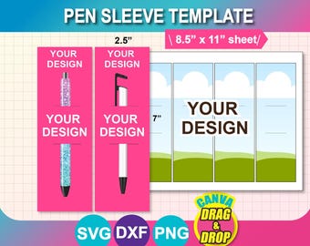 Peut inclure: Un modèle de manchon de stylo rose avec le texte "PEN SLEEVE TEMPLATE" et "YOUR DESIGN". Le modèle comprend une zone de conception de 6,35 cm et une feuille de 21,59 cm x 27,94 cm. Le design présente des illustrations de stylos et les mots "CANVA DRAG & DROP".