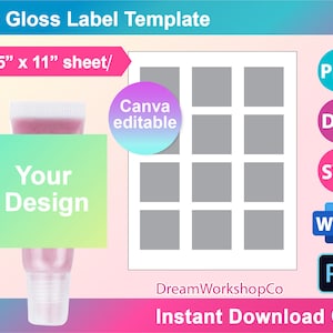 Lip Gloss Label Template, Blank Label Template, Lip Gloss Tube template, SVG, Canva, DXF, DOCX, Png, Psd,  8.5x11" sheet, Printable