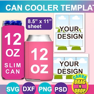 12oz Can Cooler Template, 12oz Slim Can Cooler template, Beer Cooler Template, Sublimation Template,  SVG, DXF, Png, Psd