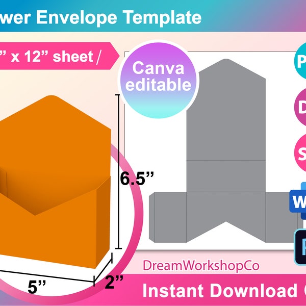 Flower Envelope Template, Flower Envelope Box Template, Blank Template, Canva, Ms word, PSD, PNG, SVG, Dxf, 12 x 12 sheet, Printable
