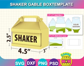 Plantilla de caja Shaker Gable, plantilla de caja con asa, caja de regalo SVG, Canva, DXF, Ms Word Docx, PNG, PSD, imprimible