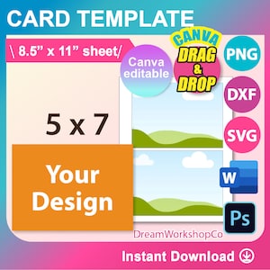 7"x5" Invitation Card template, postcard, SVG, DXF, Canva, Ms Word docx, Png, Psd, 8.5"x11" sheet, Printable, Instant Download