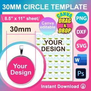 30mm Round Pendant Template, Collage circle template SVG, DXF, Ms Word docx, Png, Psd, 8.5&quot;x11&quot; sheet, Printable, Instant Download