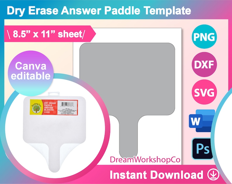 May include: A printable template for a dry erase answer paddle. The template is 8.5 inches by 11 inches and can be edited in Canva. The template is available in PNG, DXF, SVG, Word, and Photoshop formats.