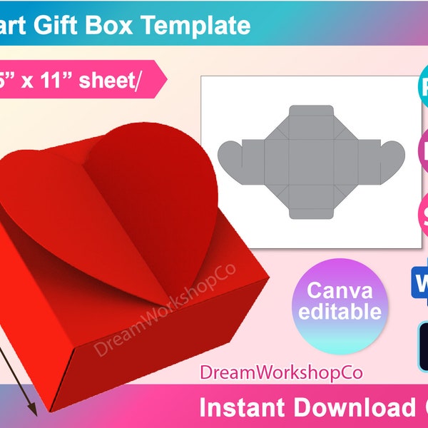 No-Glue Heart Box Template, Cake Box, Bow Box Template, Cookie Box SVG, Chocolate box, Canva, DXF, Ms Word Docx, Png, Psd, 8.5 x 11
