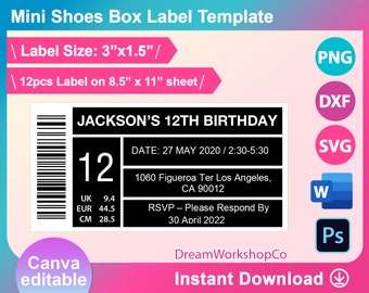 Modèle d'étiquette de boîte à chaussures Mini 3 "x 1,5", SVG, DXF, Png, Canva, Ms Word Docx, PDF, imprimable, feuille de 8,5 "x 11". Téléchargement instantané