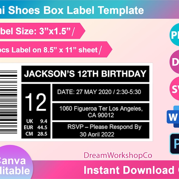 3" x 1.5" Mini Shoe box label Template, SVG, DXF, Png, Canva, Ms Word Docx, PDF, Printable, 8.5" x 11" sheet.  Instant Download