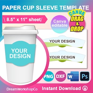 Modello per manica per tazza di carta da 12oz e 16oz, modello per manica per tazza da caffè, Canva, SVG, DXF, Canva, Ms Word Docx, Png, Psd, foglio 8,5"x11"