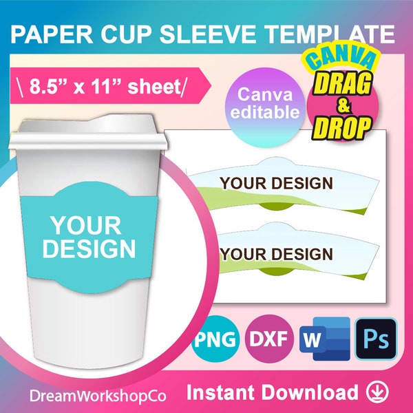 12oz and 16oz Paper Cup Sleeve Template, Coffee Cup Sleeve Template, Canva, SVG, DXF, Canva, Ms Word Docx, Png, Psd, 8.5"x11" sheet