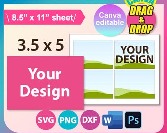 Puede incluir: Una plantilla de tarjeta imprimible rosa y blanca con un diseño de paisaje verde y azul. La plantilla mide 3,5 pulgadas por 5 pulgadas y se puede editar en Canva. El texto "Your Design" se muestra en la plantilla. La plantilla está disponible en los formatos SVG, PNG, DXF, Word y Photoshop. El texto "Descarga instantánea" también se muestra en la plantilla.