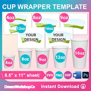 Sjabloon bekerverpakking bundel 5 maten, SVG, DXF, canva, Ms Word Docx, png, psd, vel 8,5 x 11 inch, afdrukbaar