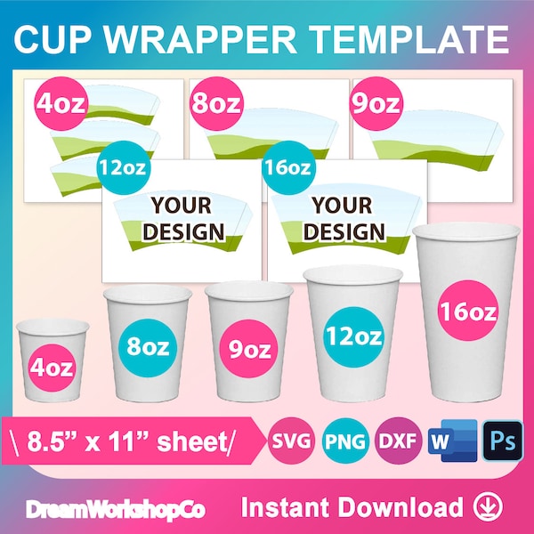 Bundle Cup Wrapper Template 5 sizes, SVG, DXF, Canva, Ms Word Docx, Png, Psd, 8.5"x11" sheet, Printable