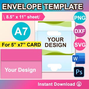 Modello di busta A7, per modello di busta per biglietti da 7"x 5", Ms Word, PSD, PNG, SVG, Dxf, foglio 8,5" x 11", stampabile, download immediato