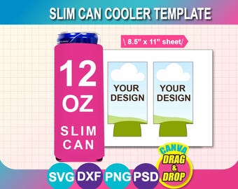 12oz Slim Can Cooler, Beer Cooler Template, Sublimation Template,  SVG,  DXF, Canva, DOCX, Png, Psd, 8.5"x11" sheet, Printable