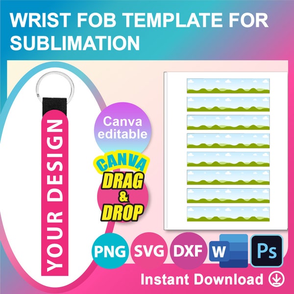 Wrist Fob Template, Sublimation Template,  neoprene wristlets Sublimation, Canva, SVG, DXF, Ms Word Docx, Png, Psd, 8.5"x11" sheet
