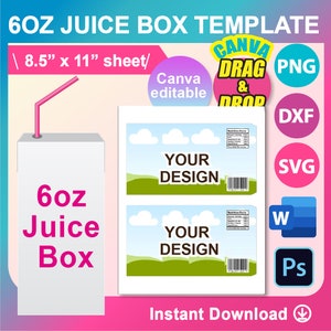 Modèle d'emballage de boîte de jus de fruits 6 oz, SVG, DXF, toile, Ms Word Docx, Png, Psd, feuille 8,5 x 11 po, imprimable