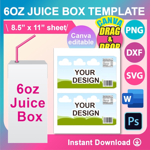 6oz Juice Box Wrapper Template, SVG, DXF, Canva, Ms Word Docx, Png, Psd, 8.5"x11" sheet, Printable