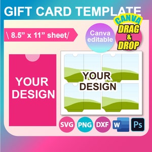 Plantilla para portatarjetas de regalo, plantilla para sobre de tarjeta de regalo, SVG, Canva, DXF, Ms Word docx, Png, Psd, hoja de 8,5" x 11", imprimible, descarga instantánea