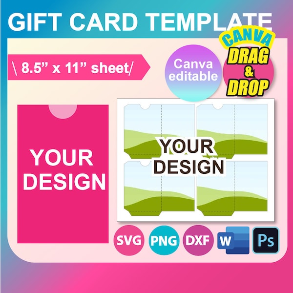 Gift Card Holder Template, Gift Card Envelope Template, SVG, Canva, DXF, Ms Word docx, Png, Psd, 8.5"x11" sheet, Printable, Instant Download