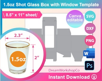 1.5oz Shot Glass Gift Box Template, window box. Sublimation, Ms word, Canva, PSD, PNG, SVG, Dxf, 8.5"x11" sheet, Printable, Instant Download