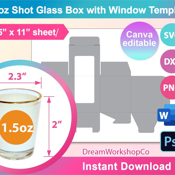 1.5oz Shot Glass Gift Box Template, window box. Sublimation, Ms word, Canva, PSD, PNG, SVG, Dxf, 8.5"x11" sheet, Printable, Instant Download