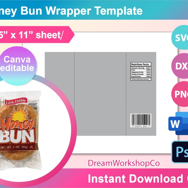 Honey Bun Wrapper Template, Honey Bun template, SVG, DXF, Ms Word Docx, Canva, Png, Psd, 8.5"x11" sheet, Printable