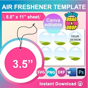 3.5&quot; Circle Car Air Freshener, Blank Air Freshener Template, Sublimation, Canva, SVG, DXF, Ms Word Docx, Png, Psd, 8.5&quot;x11&quot; sheet, Printable