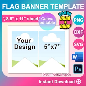 Bunting Banner Template, Banner Flag Template, Canva, Ms word, PSD, PNG, SVG, Dxf, 8.5x11" sheet, Printable, Instant Download