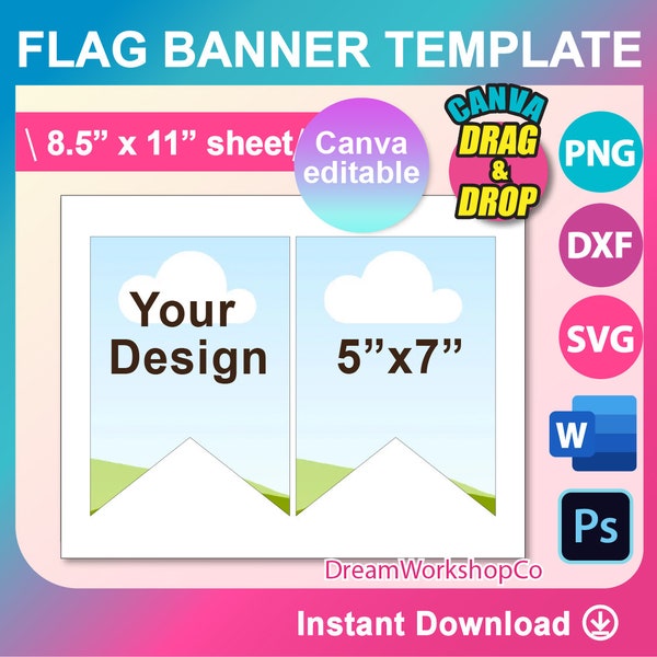 Bunting Banner Template, Banner Flag Template, Canva, Ms word, PSD, PNG, SVG, Dxf, 8.5x11" sheet, Printable, Instant Download