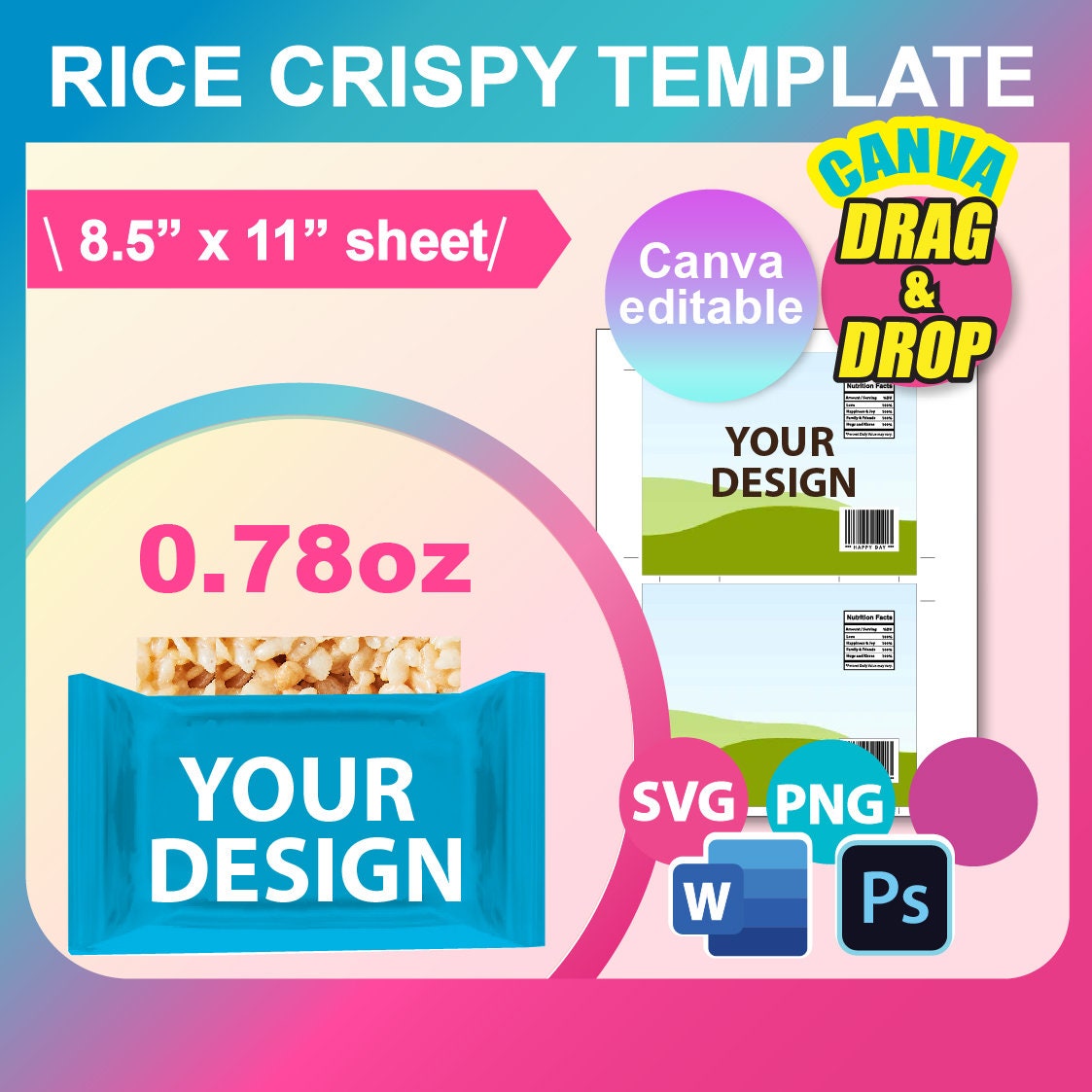 Modèle d'emballage de riz croustillant de 0,78 oz, modèle d'emballage de riz croustillant, SVG, DXF, Canva, Ms Word Docx, Png, Psd, feuille 8,5 x 11 po, imprimable