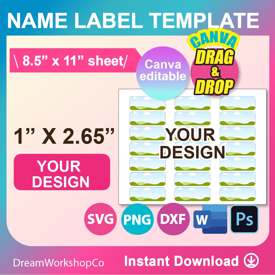 Name Label Template: Canva, SVG, Dxf, Png, Digital Download, 8.5x11 ...