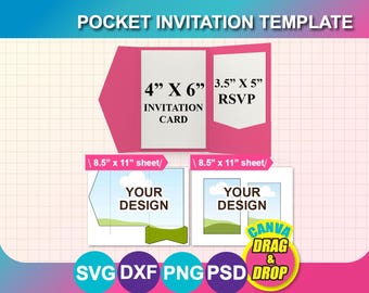 Pocketfold template, 4"x 6" Pocket Wedding Invitation Template, Wedding Invitation with Envelope Template, Canva, Ms word, PSD, PNG, SVG,