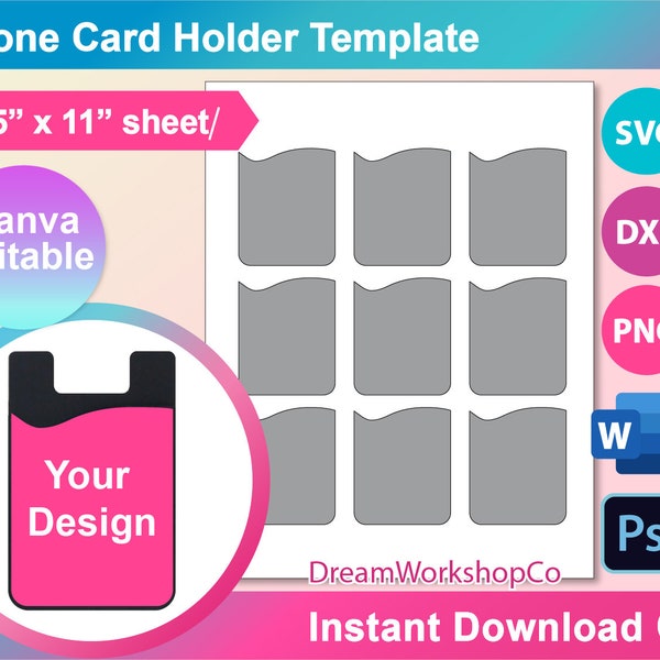 Phone Card Holder Template, Sublimation, Phone Card Holder SVG, DXF, Canva Ms Word docx, Png, PSD, 8.5"x11" sheet, Printable