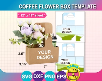 Flower Box Template, Drink Carrier Template,  Coffee Gift Box Template, Coffee Cup Holder, Canva, SVG, DXF, Png, EPS, Instant Download