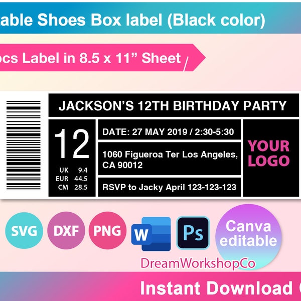 Shoe box label Template, SVG, DXF, Png, Canva, Ms Word Docx, PDF, Printable, 8.5" x 11" sheet. Instant Download