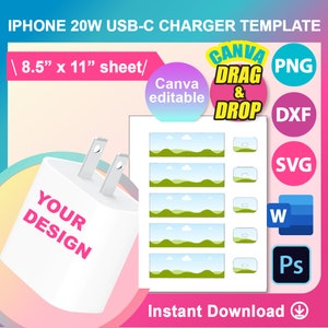 20W USB- C iPhone Charger Wrapper Template, Cutlery Set template, Svg, Canva, DXF, Ms Word docx, Png, PSD, 8.5&quot;x11&quot; sheet, Printable