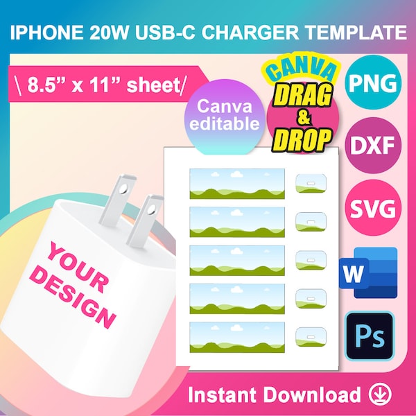 20W USB- C iPhone Charger Wrapper Template, Cutlery Set template, Svg, Canva, DXF, Ms Word docx, Png, PSD, 8.5"x11" sheet, Printable