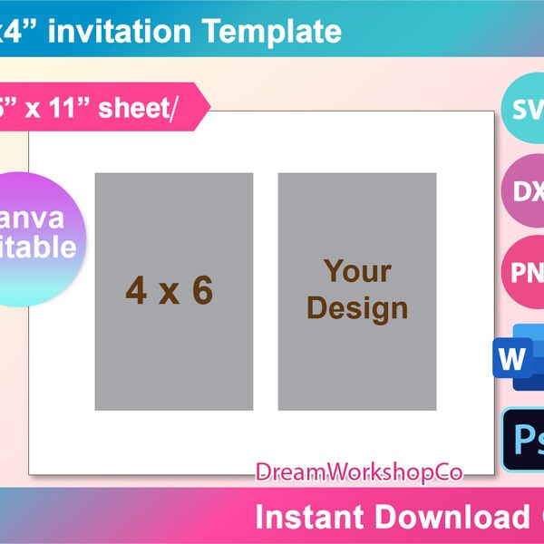 4" x 6" Invitation Card Template, Postcard, SVG, DXF, Canva, Ms Word docx, Png, Psd, 8.5"x11" sheet, Printable, Instant Download