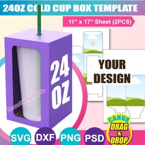 以下が含まれることがあります： 24オンスの冷たいカップボックスのテンプレートです。テンプレートは、28cm x 43cmの用紙に印刷されています。テンプレートには、カップ用の窓が付いた紫色のボックス、24オンスのラベル、デザイン用のセクションが含まれています。テンプレートには、ボックスを接着するための手順も含まれています。