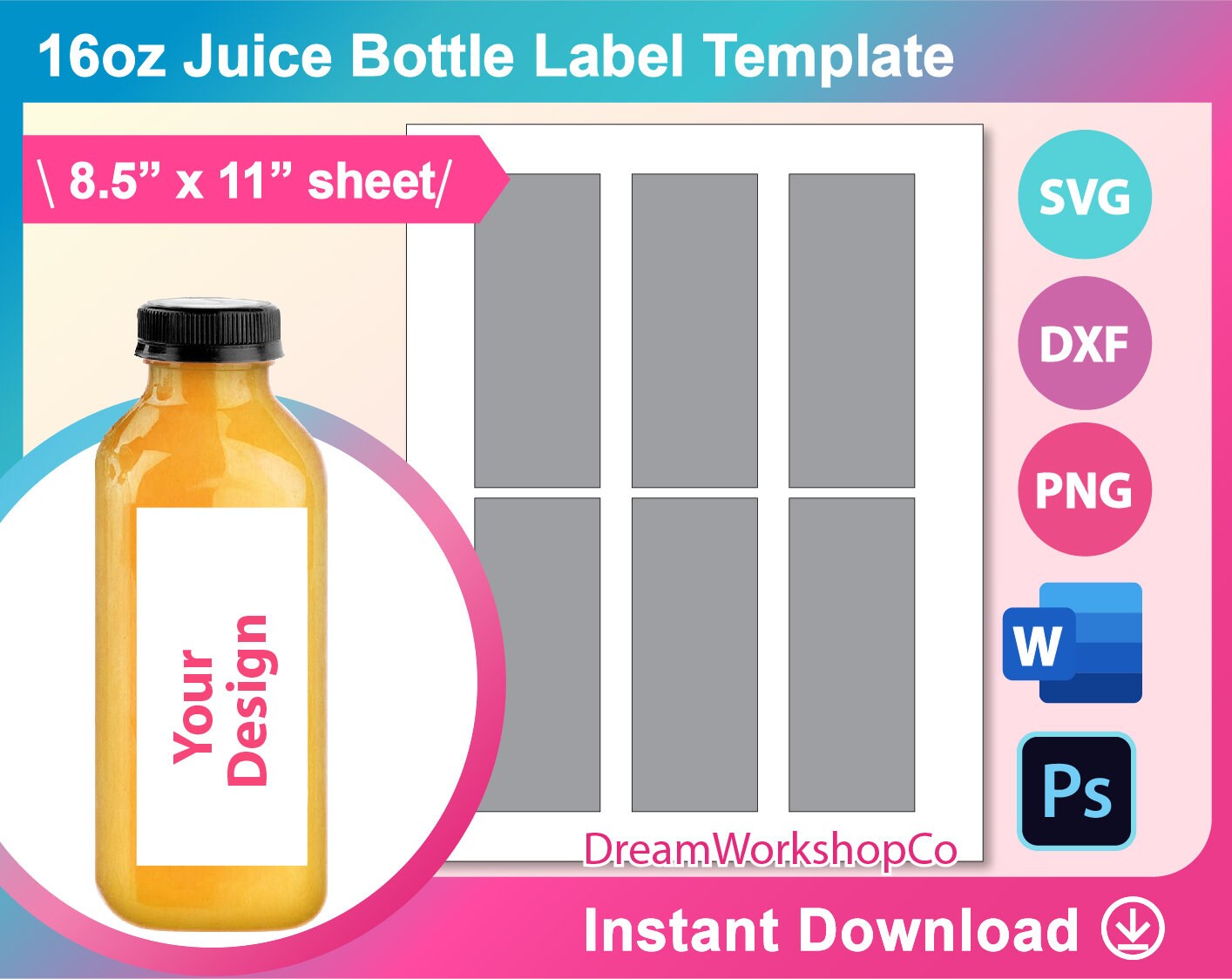 16oz Juice Bottle Label Template SVG DXF Ms Word Docx Png Etsy