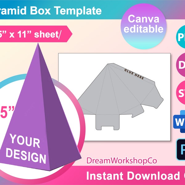 Pyramid Gift Box Template, Favor Box Template, Candy Box Template,  SVG, DXF, Ms word Docx, Png, PSD, 8.5"x11" sheet, Printable
