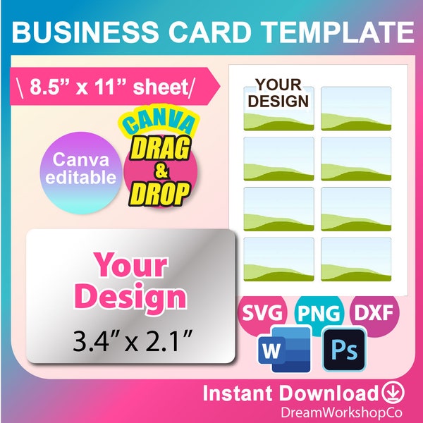 Metal Business Card Sublimation template, Business Card Template, Blank Template, SVG, DXF, Canva, Ms Word docx, Png, Psd, 8.5"x11" sheet