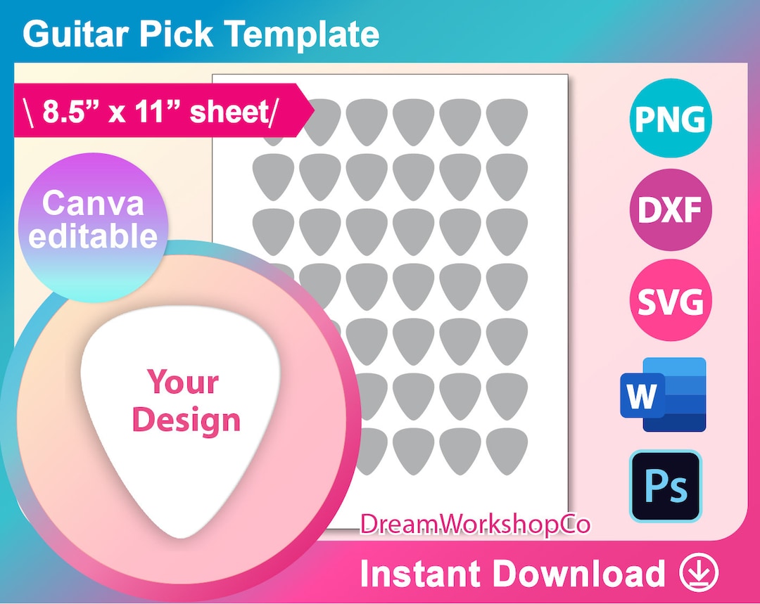 Guitar Pick Template, Guitar Pick SVG, DXF, Ms Word Docx, Canva, Png