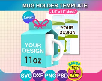 Può includere: Un modello di portabicchieri turchese con una tazza bianca all'interno. Il supporto ha il testo "YOUR DESIGN" e "11oz". Un foglio con immagini di paesaggi e il testo "YOUR DESIGN" è accanto al supporto. Sono visibili anche il logo Canva e "DRAG & DROP".