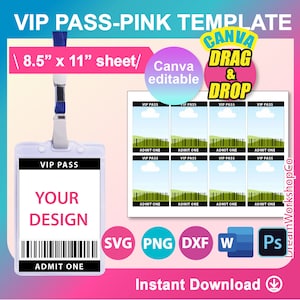 VIP Pass Black Color Template, Invitation Template, SVG, DXF, Canva, Ms Word Docx, Png, Psd, 8.5"x11" sheet, Printable