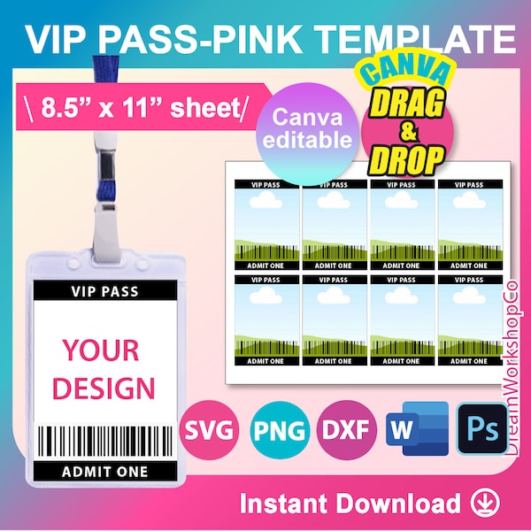 VIP Pass Black Color Template, Invitation Template, SVG, DXF, Canva, Ms Word Docx, Png, Psd, 8.5"x11" sheet, Printable