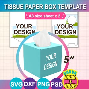 May include: A teal tissue paper box template with the text "YOUR DESIGN" and a stack of white tissues. The image also includes a 5-inch measurement and the text "TISSUE PAPER BOX TEMPLATE".