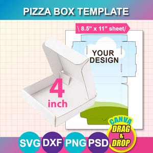 May include: White pizza box template with the text "PIZZA BOX TEMPLATE". The box is 4 inches in height. The design includes a template for an 8.5" x 11" sheet with the text "YOUR DESIGN". The image also includes the text "CANVA DRAG & DROP".