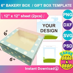 Modelo de caixa de janela de 6 polegadas, caixa de bolo, modelo de caixa de laço, caixa de biscoitos SVG, Canva, DXF, MS Word Docx, PNG, PSD, folha de tamanho 12x12, para impressão